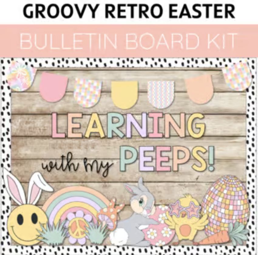 Groovy Retro Easter Bulletin Board and Spring Door Décor for April